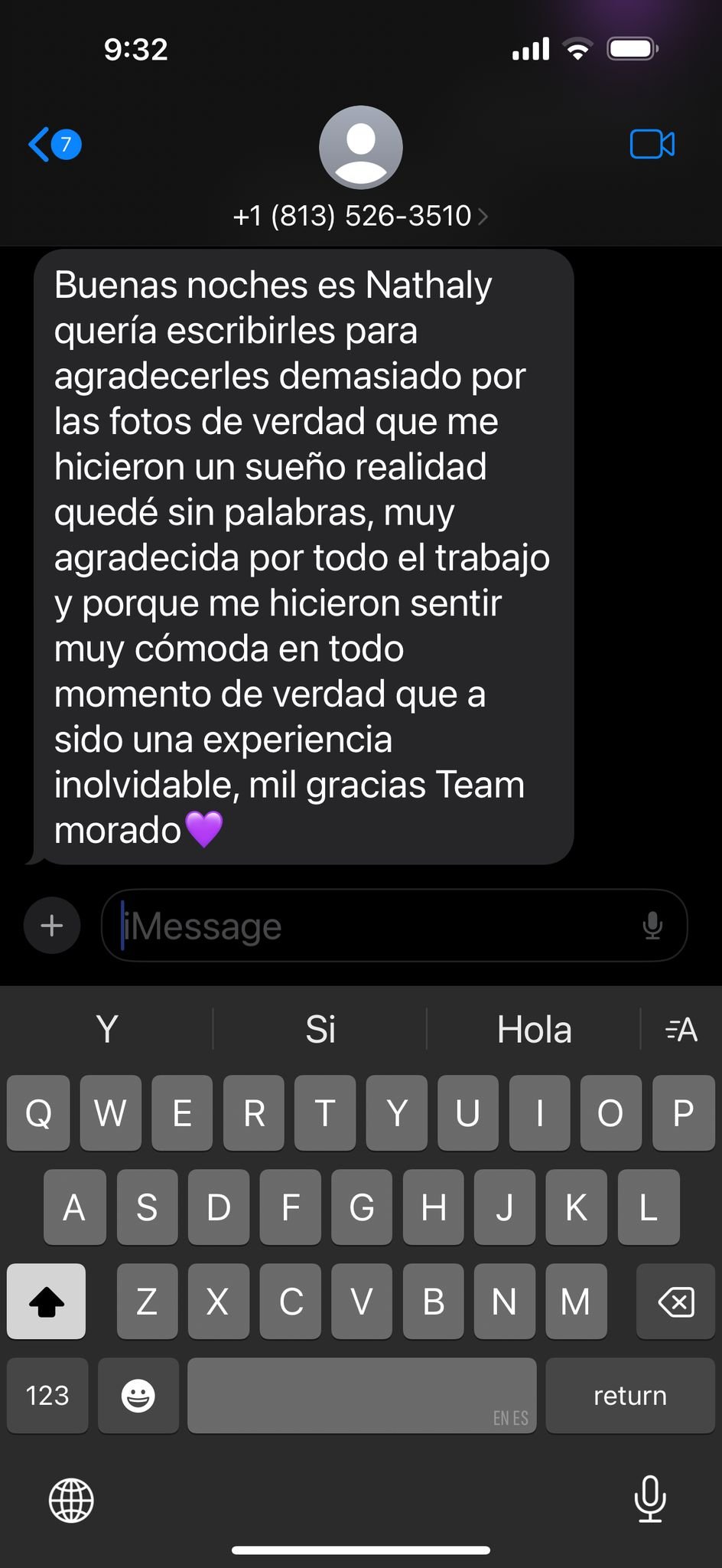 Conversación por WhatsApp con clienta de Team Morado