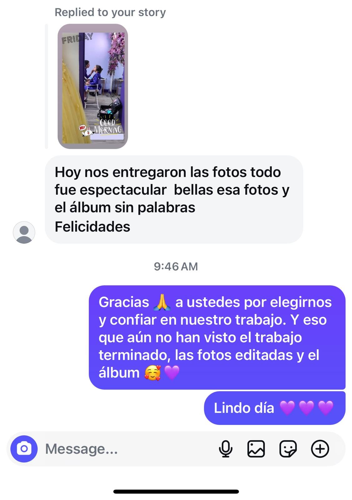 Mensaje por historia — entrega de fotos y álbum